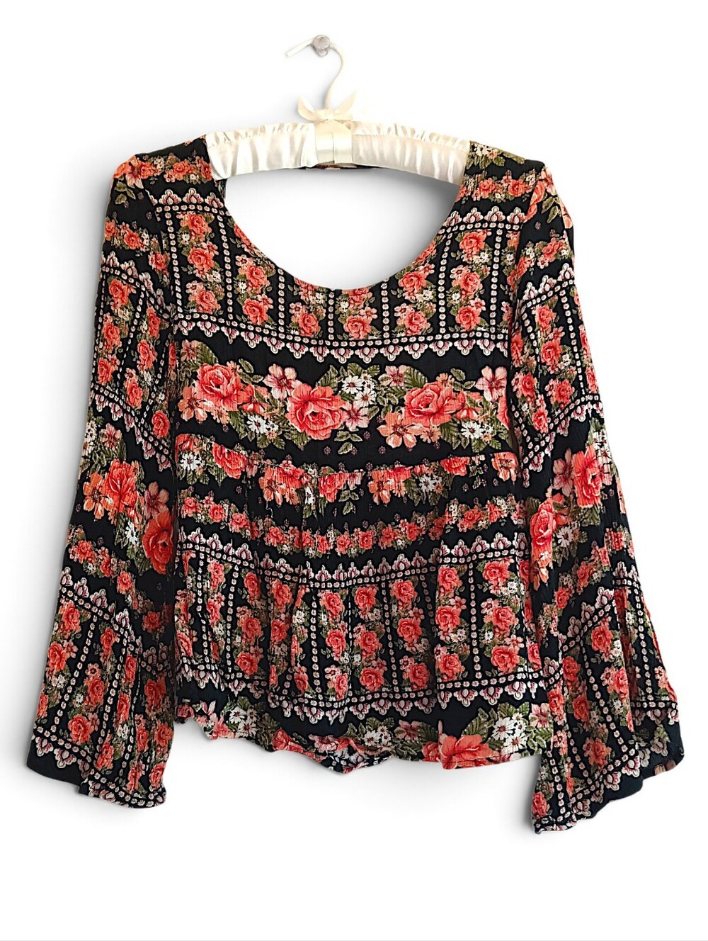 Love Culture Coral Rose Peasant Blouse Backless Peplum Boho Patchwork Western